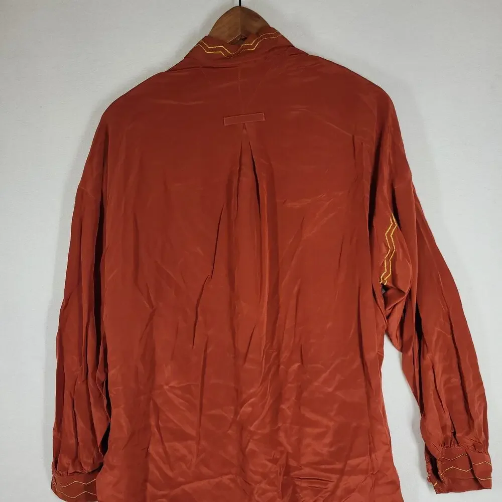 Vintage Gary Fabrikant Ltd Shirt Womens Sz 8 Red 100% Silk Embroidered Grandma